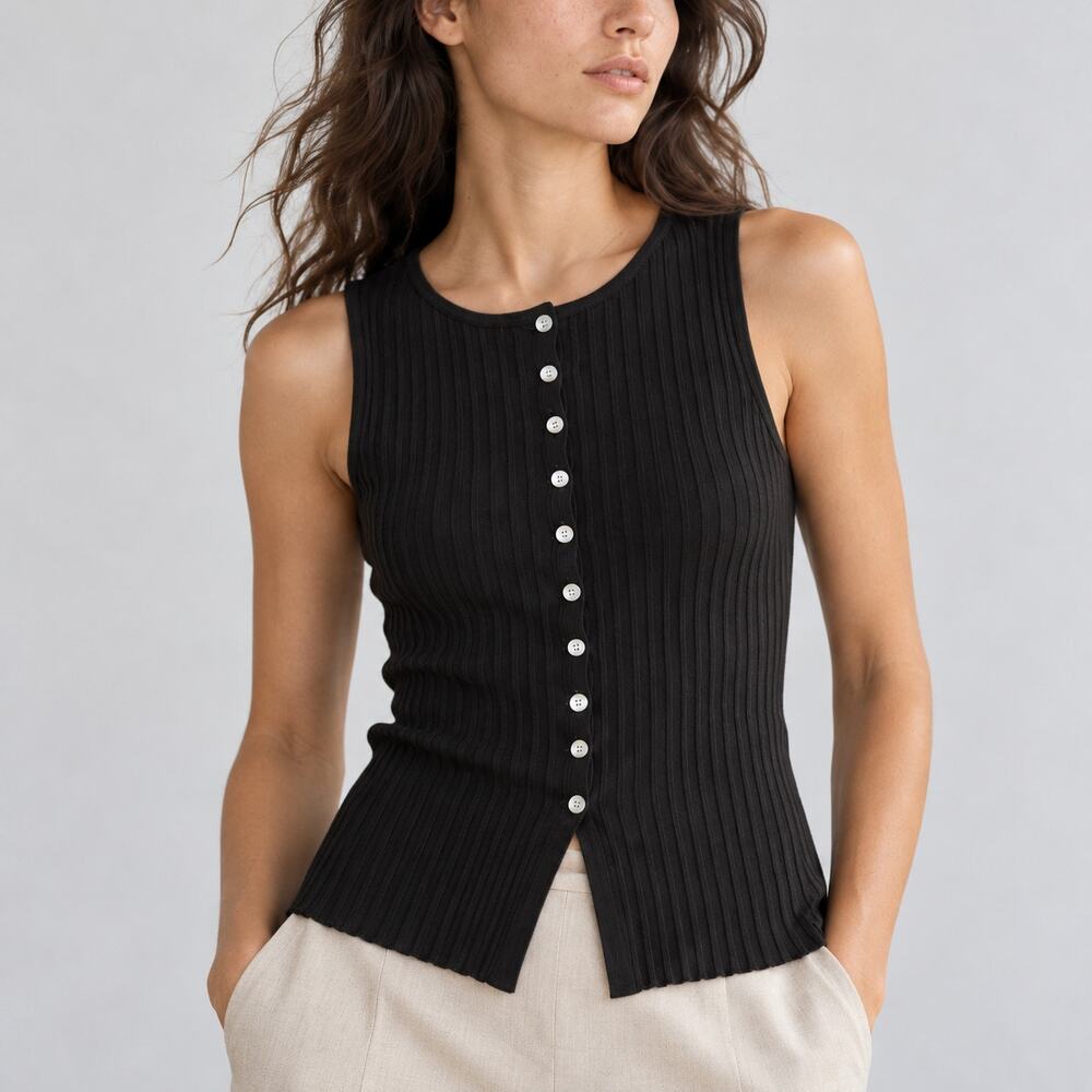 Raisonnel Black Sleeveless Ribbed Button Front Knit Top M NWT